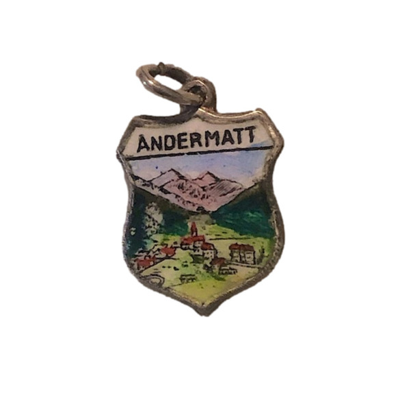 VTG 800 Silver & Enamel Andermatt Travel Sheild Souvenir Charm Bracelet Charm - Picture 1 of 3